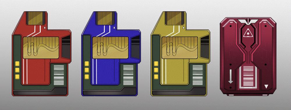 The Doom Immortal version of the keycards, three of them in the style of classic Doom and one in the style of modern Doom.

From left to right:
-a red keycard (classic)
-a blue keycard (classic)
-a yellow keycard (classic)
-a magenta keycard (modern)