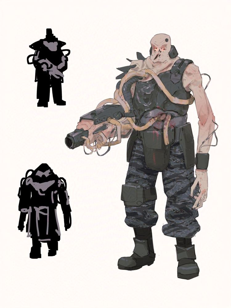 A reinterpretation of the Possessed Soldier from Doom 2016, this zombified soldier is wearing a more tactical armor that’s mainly gray and black.
This zombie has more of a tactical look to it, wearing body armor atop a black camo uniform. The uniform is primarily shown through the pants, and the body armor just covers the torso, thighs, and groin.
The body horror is more pronounced in this instance, as this zombie soldier not only has a similar deathly pallor, but is also wielding some kind of microwave laser that has completely fused to its right arm.
The facial features appears to have melted, showing crude holes where the mouth and nostrils used to be, and a pair of glowing eyes are shown through similarly-crude eyeholes.
The left arm and its respective fingers also have elongated to an unnatural degree. Even the “wiring” on the right arm’s laser gun may actually consist of intestines.

There are two additional sketches of two more Silent variants, including one with a plasma rifle, and one with what appears to be helmeted one dual-wielding SMGs.


The official description, concluded:

“While the Silent has no objective outside of inflicting violence, sometimes the original human’s soul will make itself known by temporarily regaining control of the body.
This seems to indicate that in the process of demonic possession, the human soul ends up being helpless to watch as their body is forced to commit unspeakable acts by the demonic force possessing the body.

Unfortunately, there is no known method of separating the demonic force from the possessed body (outside of permanent release).”