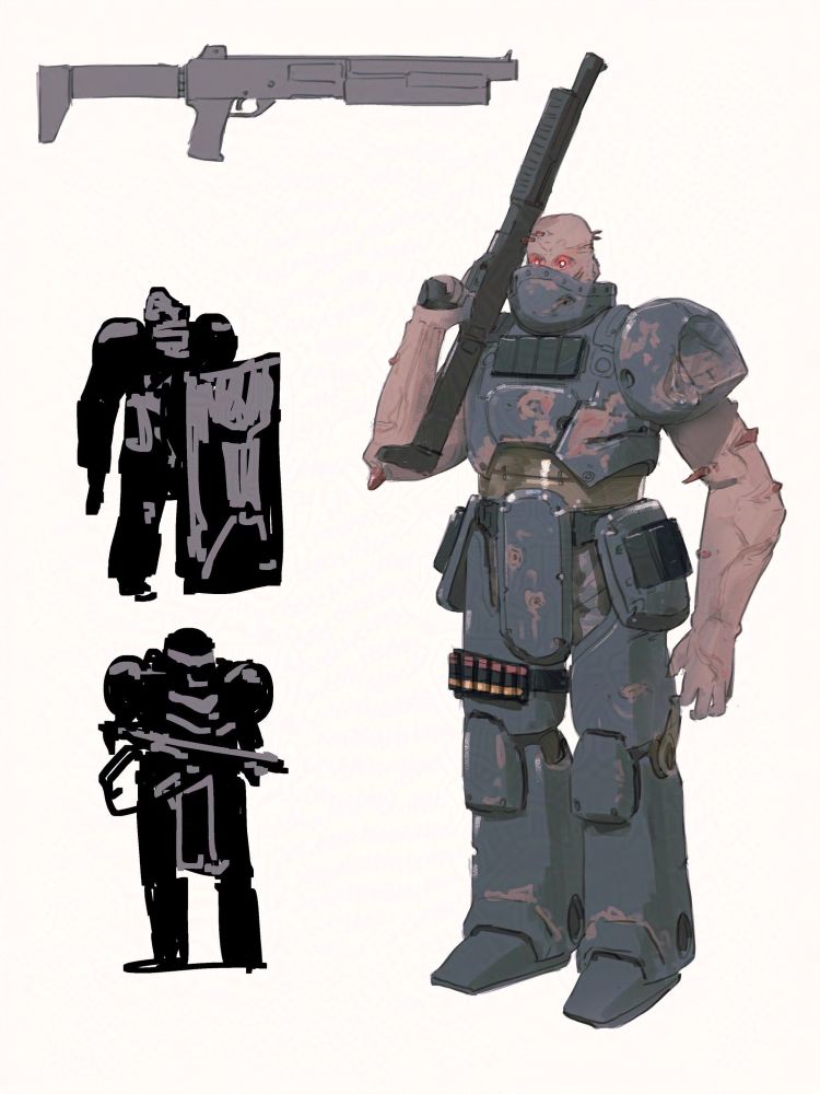A reinterpretation of the Shotgun Guy from Doom 1993, this zombified soldier is wearing a heavy and rusted slate-gray armor.
This zombie is covered head-to-toe in heavily-plated armor, and there are also some pouches on the thigh plates and chest plate, as well as a bandolier carrying shotgun shells on the right leg.
The skin is a sickly gray with tainted veins several spindle-like bone protrusions jutting out in various places, and while a pair of glowing red eyes are present, the neck armor doesn’t show what happened to the lower face.
The arms are also containing abnormally thick forearms.

The top of the image also reveals a more detailed rendering of the zombie’s weapon (a simplistic but heavy-looking pump-action shotgun).
There are two additional sketches of two more Silent variants, including one with a pistol and riot shield, and one with what appears to be helmeted one with some kind of flamethrower.


The official description, continued:

“What further differentiates a Silent from an Unwilling is the amount of violence a former human has committed in their past life.
As a result, it’s not unusual for these former humans to have primarily consisted of soldiers, mercenaries, riot police, etc.

Additionally, a Silent’s main goal is to inflict as much violence on the living as possible be it with their own firearms or bare hands.
This often entails gunning down humans until death is confirmed (even if said humans are not combatants themselves, or until the Silent is downed themselves. 

Otherwise, a Silent will either be made to patrol an area or to simply stand in place completely inert.”