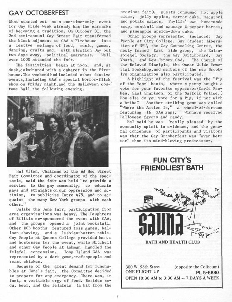 Page 7. Gay Octoberfest. Two columns of text. Includes photo of Jim Owles and others at Gay Octoberfest outside the GAA firehouse. Quarter-page ad for the Sauna Bath and Health Club. 