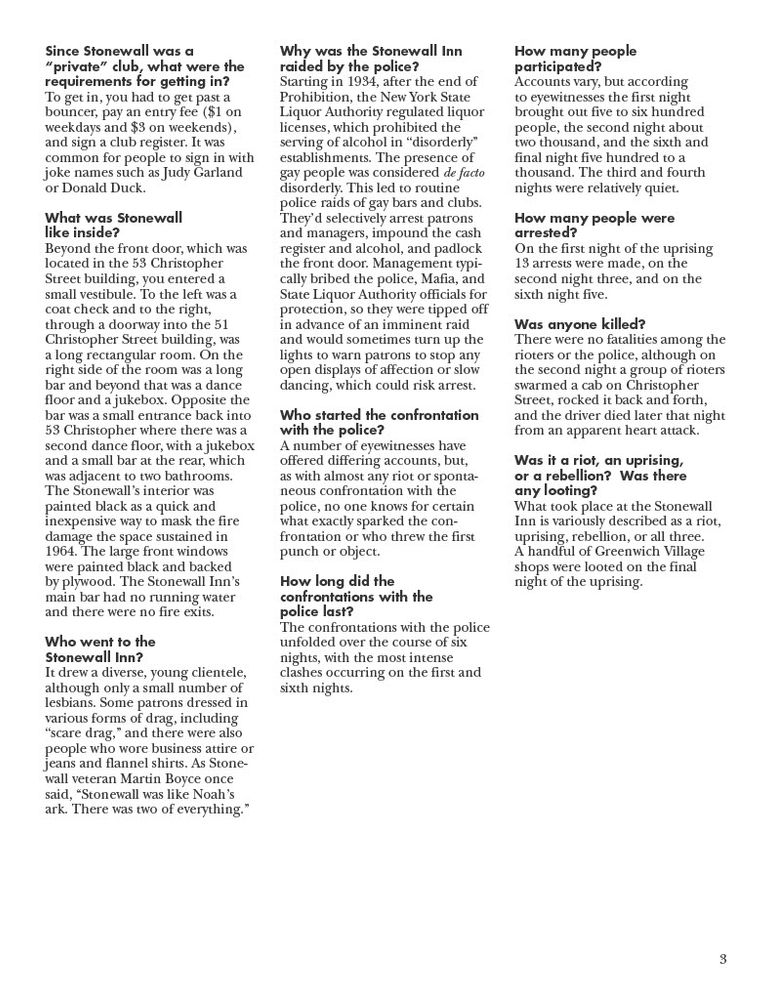 Three columns of text.  Bolded questions provide subheads for answers. 