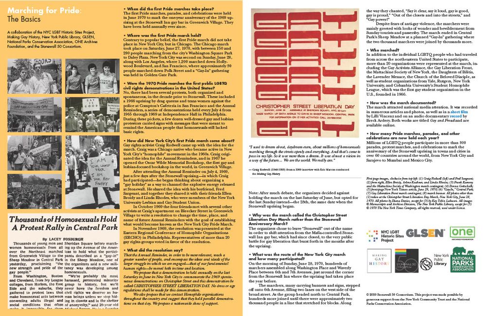 Two pages side-by-side, one yellow, one white. Four columns of texts and image. Includes photos of participants of the first Christopher Street Liberation Day march, an excerpt from an article about it, and a flyer. Includes logos for groups sponsoring the fact sheet.  
