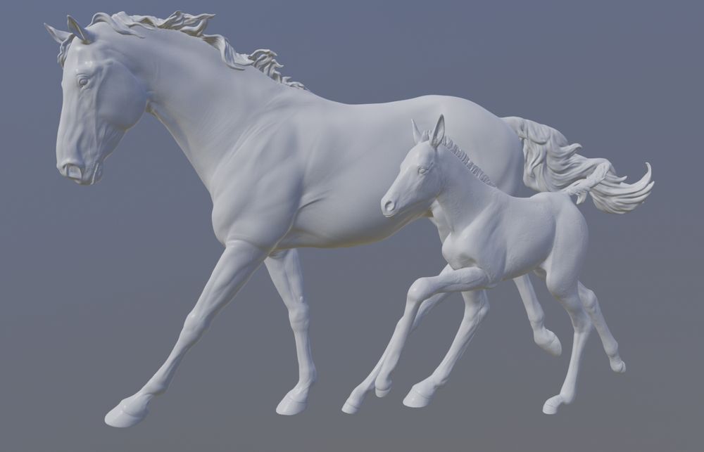 A model of an Appaloosa mare mid canter and at her side is a foal galloping to keep up. 