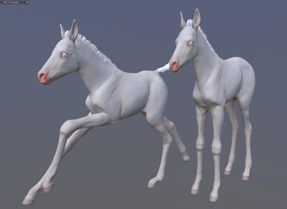 Two foals with the dominant white gene, one galloping ahead and the other in a classic T-pose