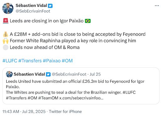Twitter post indicating Leeds close to winning race for Paixao - Raphinha has played key role in convincing him