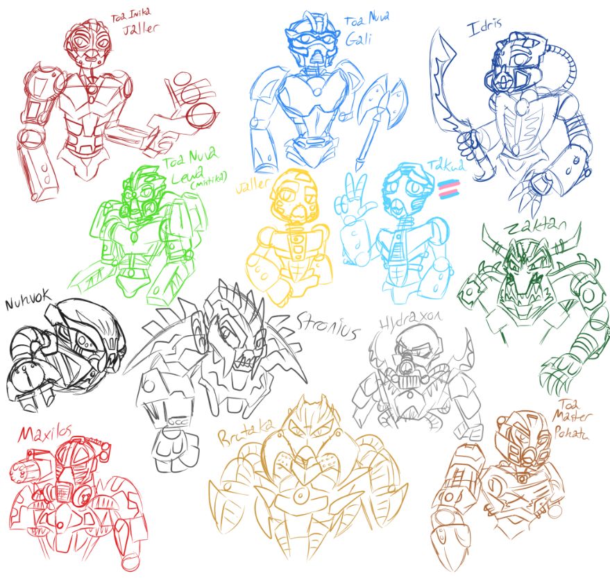 Bust sketches of several Bionicle characters - from top, left to right: Toa Inika Jaller, Toa Nuva Gali, Mahri Matoran Idris, Toa Mistika Lewa, Matoran Jaller, Matoran Takua (with a trans flag beside his name), Piraka Zaktan, Bohrok Nuhvok, Skrall Stronius, Hydraxon, Maxilos, Brutaka, and G2 Toa Master Pohatu.