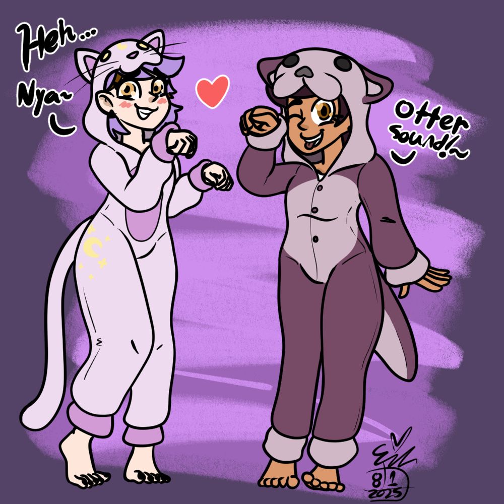 Amity Blight and Luz Noceda from The Owl House wearing kigurumis (animal-themed onesie pajamas) of a lavender magical cat and a purple otter, respectively. Amity is slightly embarrassed as she holds her hands up in a "meowing" pose.
Amity: Heh... Nya~
Luz: Otter sound!~