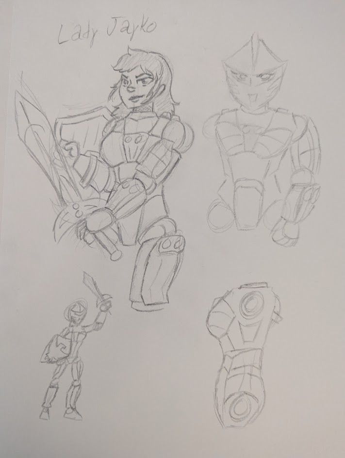 Paper-and-pencil sketches of Jayko from LEGO Knights' Kingdom with a more feminine appearance - long hair, fuller lips, and a slightly more hourglass figure with rounded breastplates. 