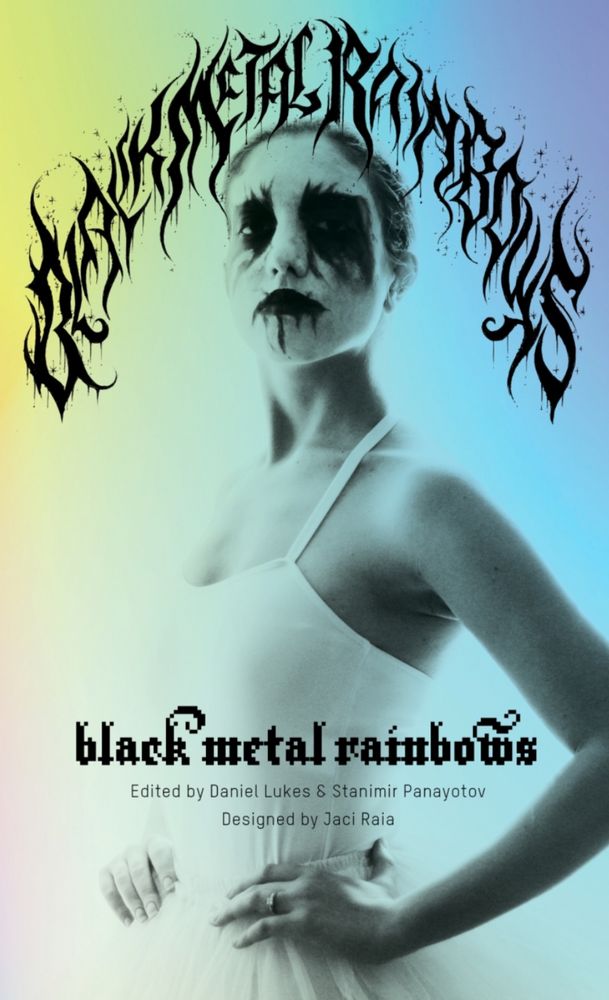 Ballerina with corpse paint book cover. Book title in cryptic black metal type.