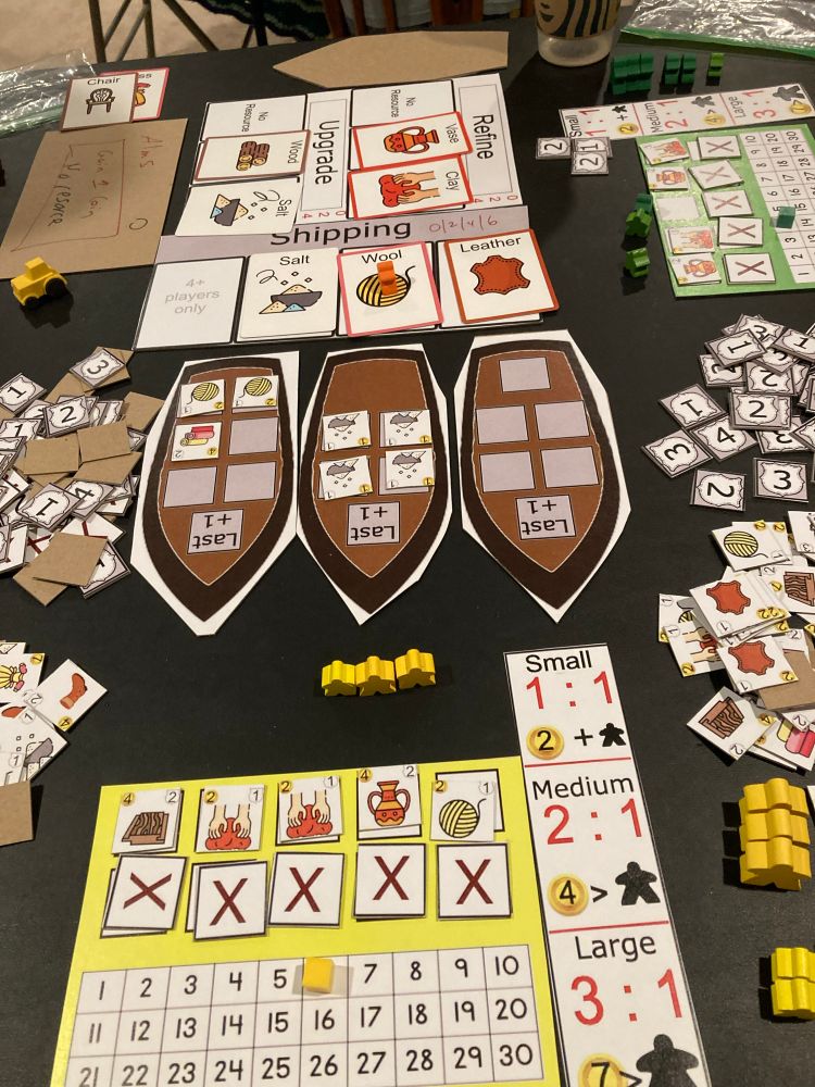image showing a player board with storage and coins plus a set of boats for shipping resources for money or points 