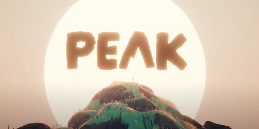A lush green mountain top peeks into an off-white brownish sky, a bright sun shines in the middle. In the middle of the sun it reads "PEAK" in a rough blocky stylized font, the A's lower half is shaped like a mountain.
