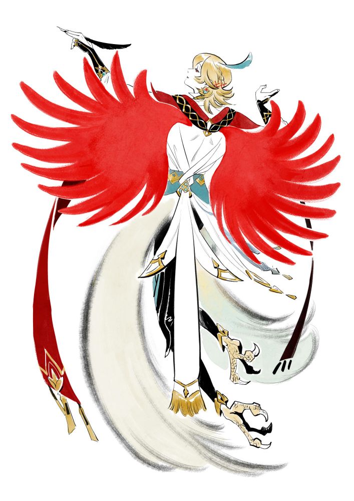 a drawing of kaveh with the red wings and long forked tail of a bird of paradise, back to the viewer, one hand holding a quill lifted as if to draw, taloned feet curled as he hovers in the air