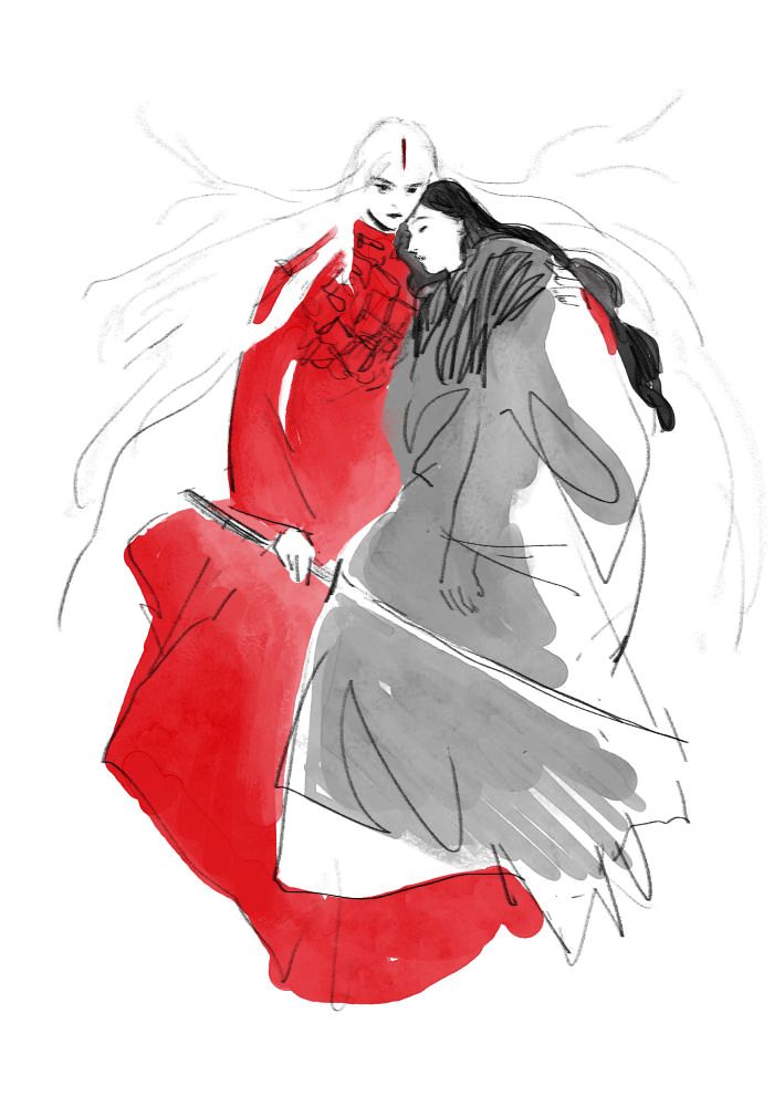 drawing of the bride with white hair holding her beloved