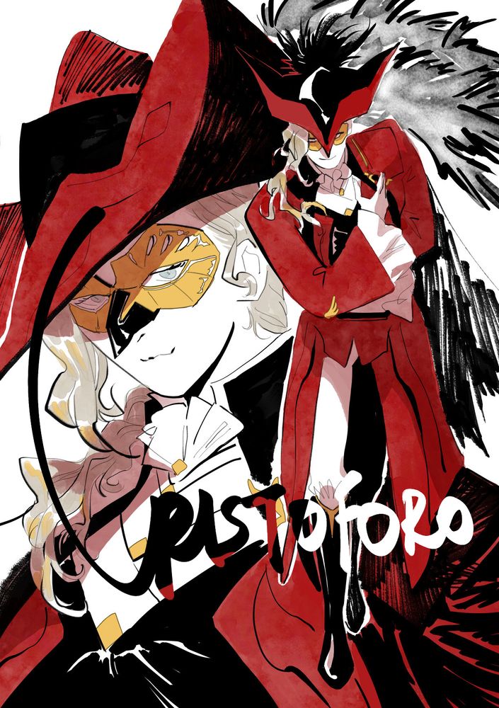 poster style drawing of cristoforo, a mysterious and smug looking man in a gold mask and flamboyant rococo-inspired red suit and hat