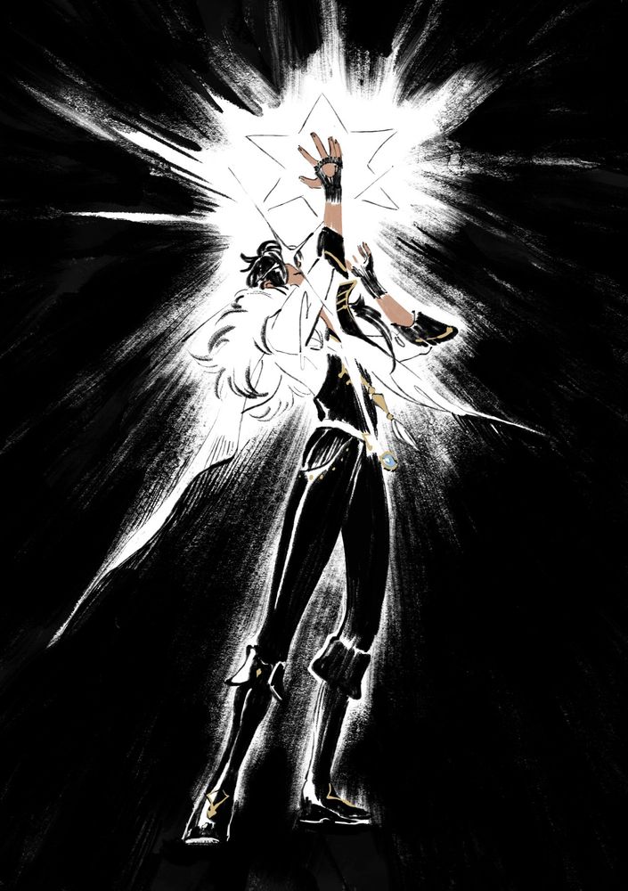 Mostly black and white drawing of Kaeya from Genshin in the middle of his ultimate, arms raised, summoning an ice-white star to illuminate the darkness he stands in