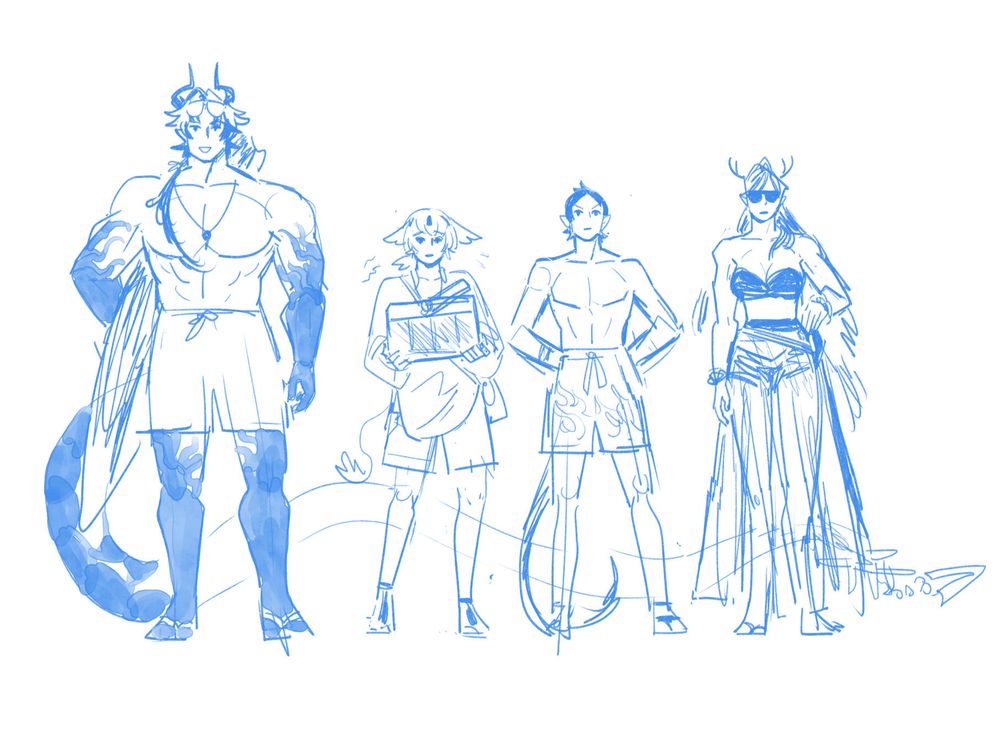 sketch of chongyue, yun qingping, zuo le and qiubai from arknights in summer outfits