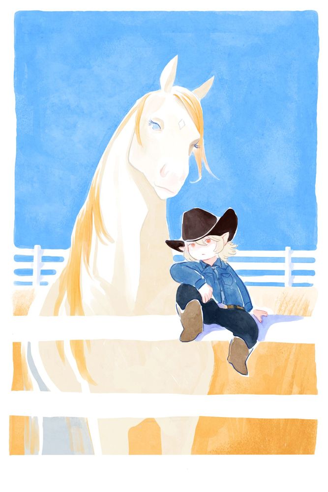 Painting of a large white horse, head tilted, and a tiny lalafell in cowboy hat and clothes perched on the fence in front of the horse, both looking back at the viewer, against a bright blue sky and gold fields.