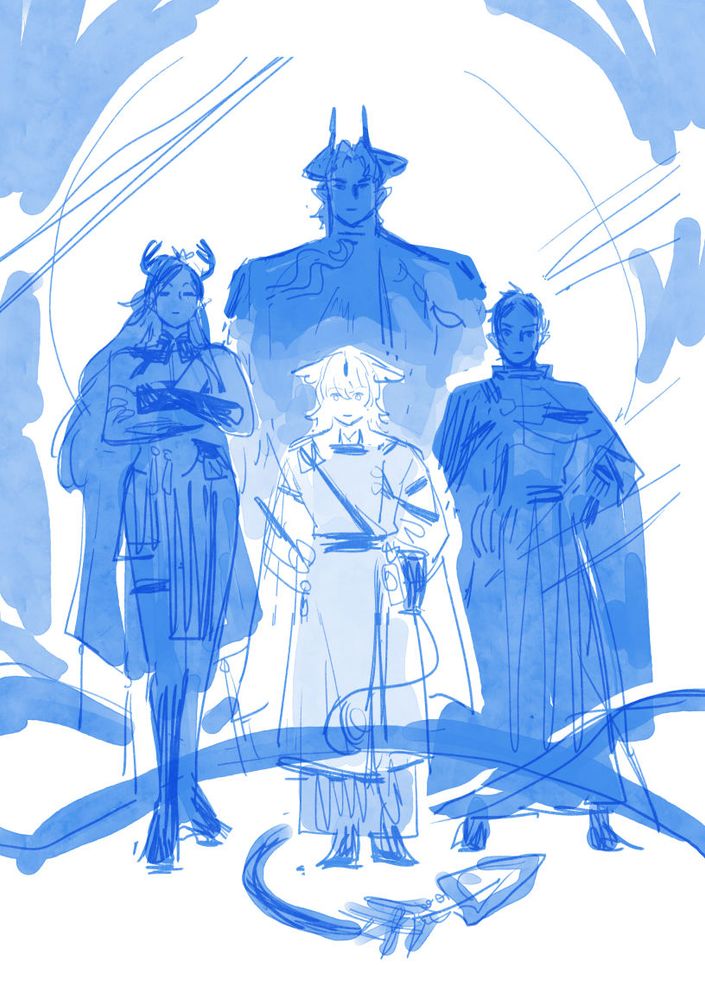 rough sketch of yun qingping flanked by zuo le and qiubai, with chongyue looming behind them all
