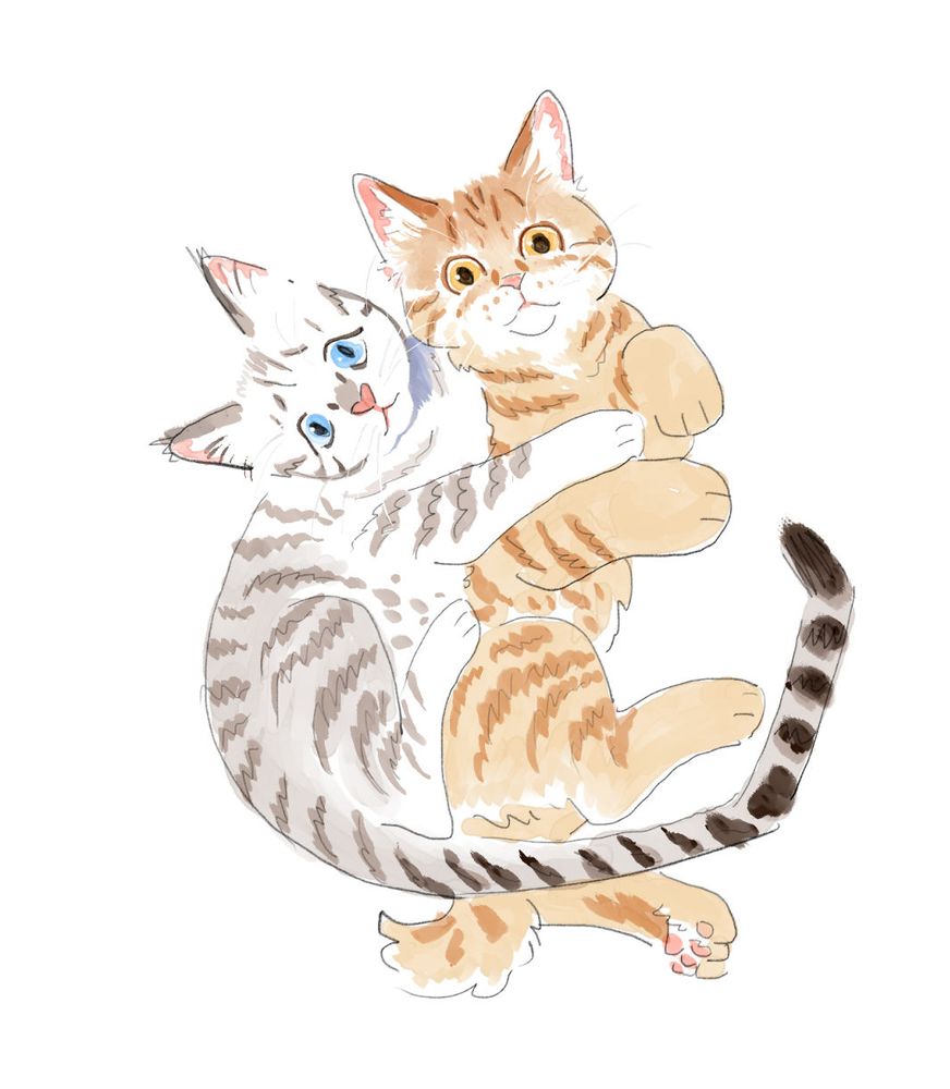 drawing of two kittens, a pale brown tabby with pathetic blue eyes curled around a chubby orange tabby with a blank orange stare, both looking at the camera