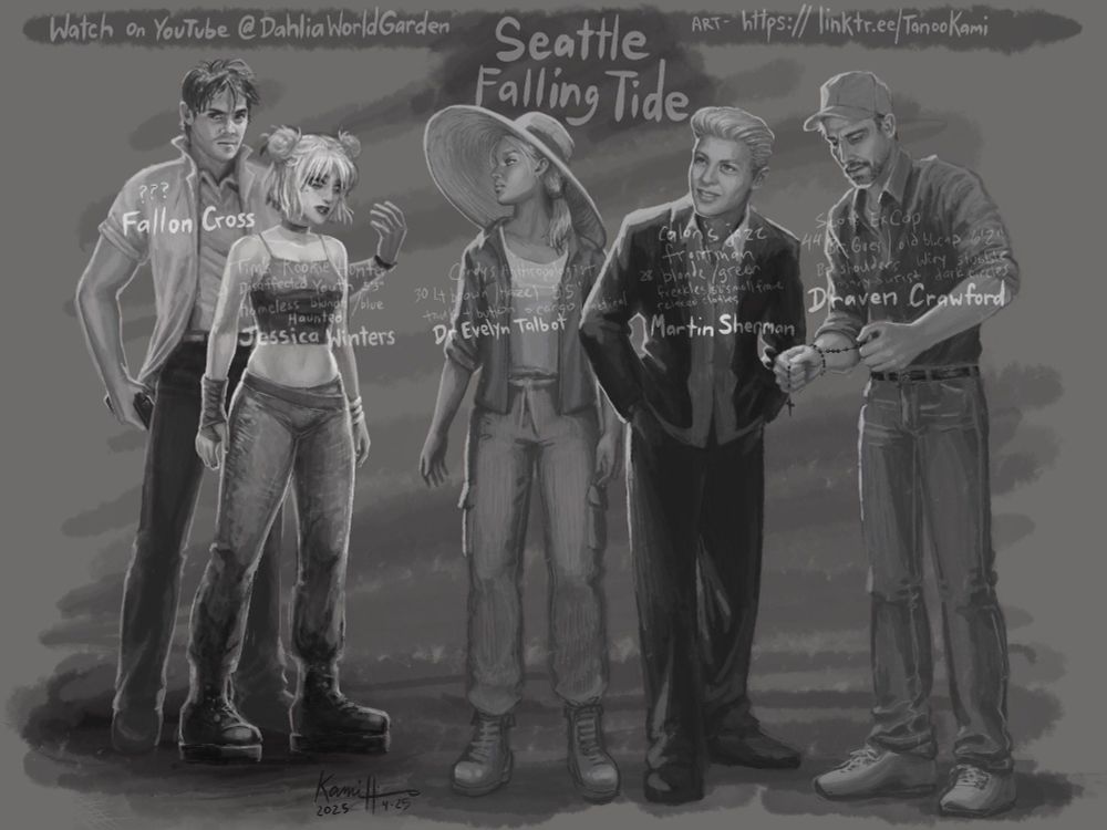 illustrations of five characters. Fallon Cross is a hot vampire in 80s fashion hiding a gun down by his side and standing possessively behind Jessica Winters, a punk/goth girl with wrapped hands suggesting martial arts or kickboxing. Nearby are three unlikely Hunter teammates: a lady in a large sunhat dressed for field work in anthropology, Dr Evelyn Talbot. Martin Sherman in the center wears baggy, but classy jazz singer clothes; he resembles a young Mel Tormé. Finally Draven Crawford is a tall ex-cop wearing a ballcap, jeans & button-up shirt, while he counts rosary beads wrapped around his wrist.