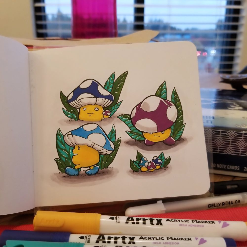 Illustrated cute mushrooms using vivid colors. A backdrop of rainy windows & art supplies.