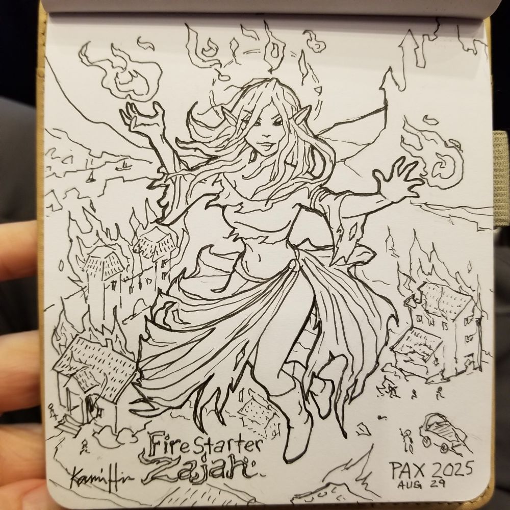 Illustration floaty evil fire wizard girl with city burning under her