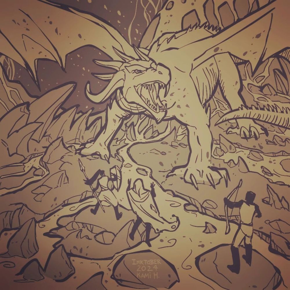DRAGON! And three adventurers, and lava flowing. Illustration.
