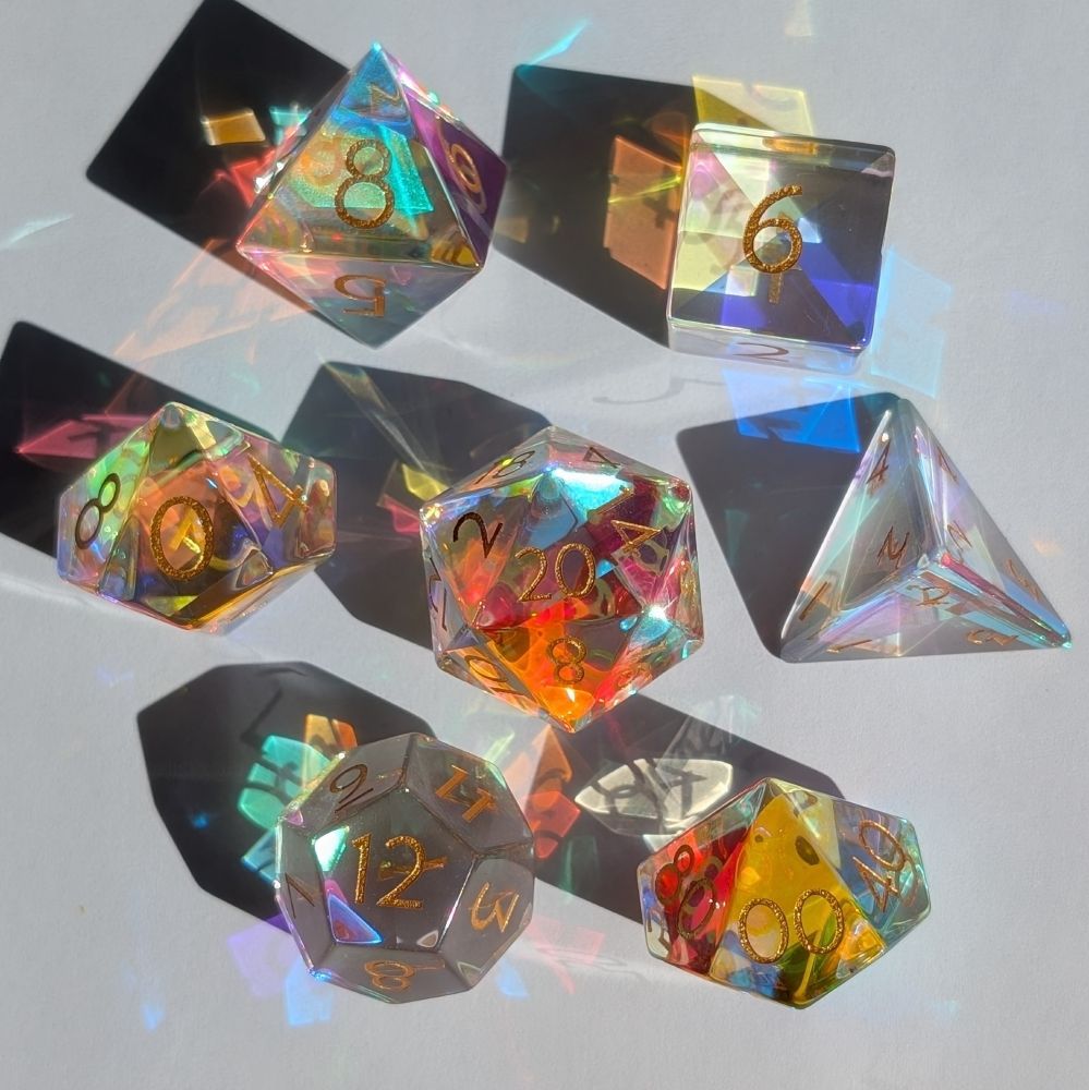 Prismatic Glass dnd dice set on white background
