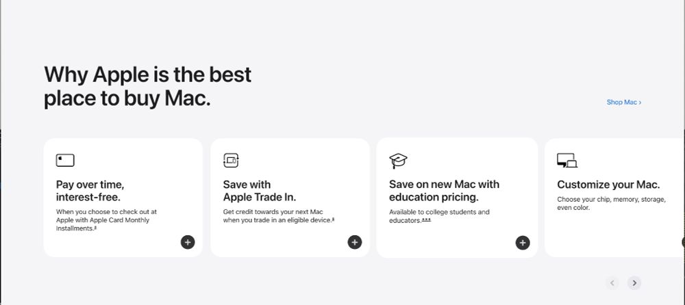 A screenshot from the Apple site showing the Mac page with a very similar background color, typeface, and font color. 