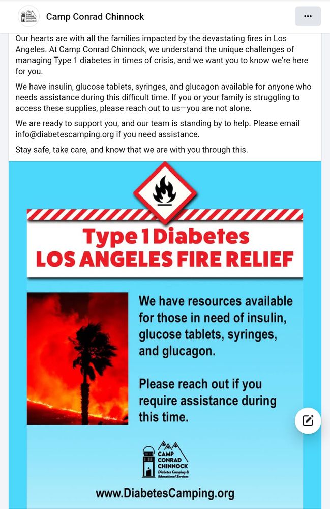 Above the poster is a Facebook message from the Camp Conrad Chinnock.
Support for Families Affected by the Los Angeles Fires. Type 1 Diabetes Disaster Relief.
Our hearts are with all the families impacted by the devastating fires in Los Angeles. At Camp Conrad Chinnock, we understand the unique challenges of managing Type 1 diabetes in times of crisis, and we want you to know we’re here for you.
We have insulin, glucose tablets, syringes, and glucagon available for anyone who needs assistance during this difficult time. If you or your family is struggling to access these supplies, please reach out to us. You are not alone.
We are ready to support you, and our team is standing by to help. Please email info at diabetes camping dot org if you need assistance.
Stay safe, take care, and know that we are with you through this.

Turquoise blue poster with photograph of a black palm tree backlit by a red, orange and yellow wall of fire.

At the top of the poster in red, the headline is Type 1 Los Angeles Fire Relief. The message reads, 

We have resources available for those in need of insulin, glucose tablets, syringes, and glucagon.
Please reach out if you require assistance during. This time. Camp Conrad Chinnock. Diabetes camping and educational service. 
W W W diabetes camping dot org.

