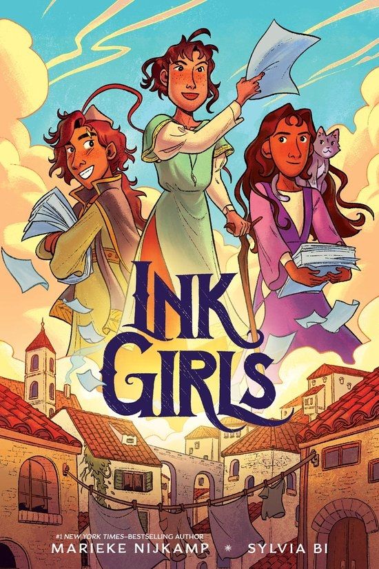 The cover for my OGN INK GIRLS, created with Sylvia Bi. The cover shows three girls and one cat in a Renaissance-inspired setting. 