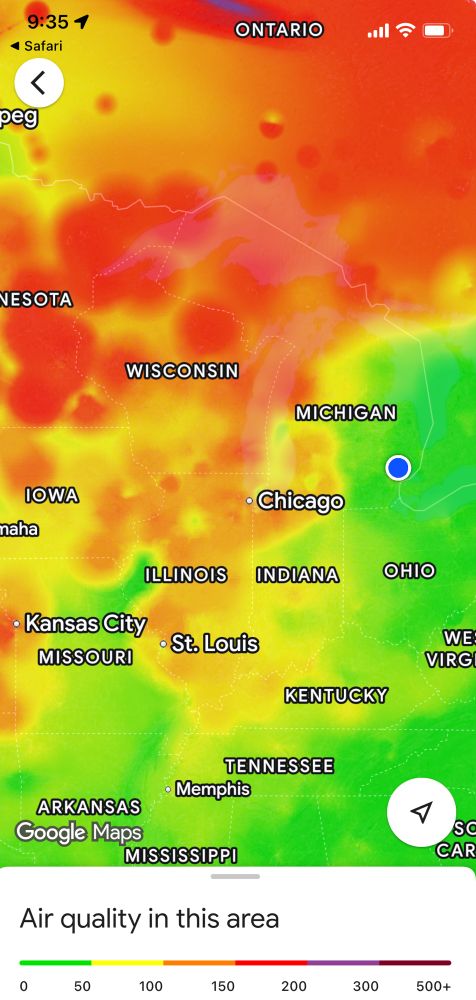 Air quality map of the Midwest & South showing smoke from fires in Canada affecting air quality as far south as Tennessee 