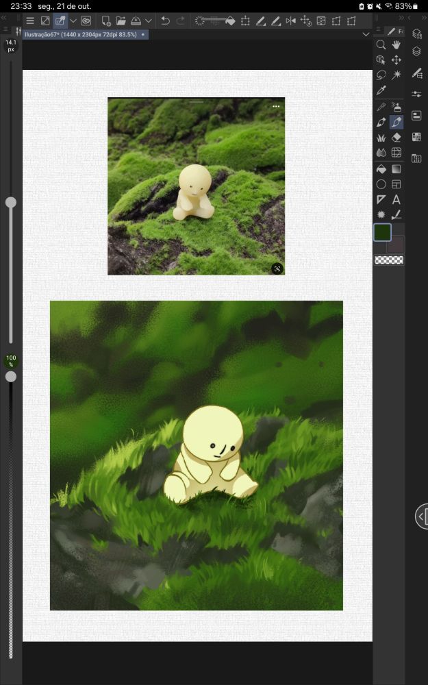 Estudo de um bonequinho sentadinho na grama com a referência 