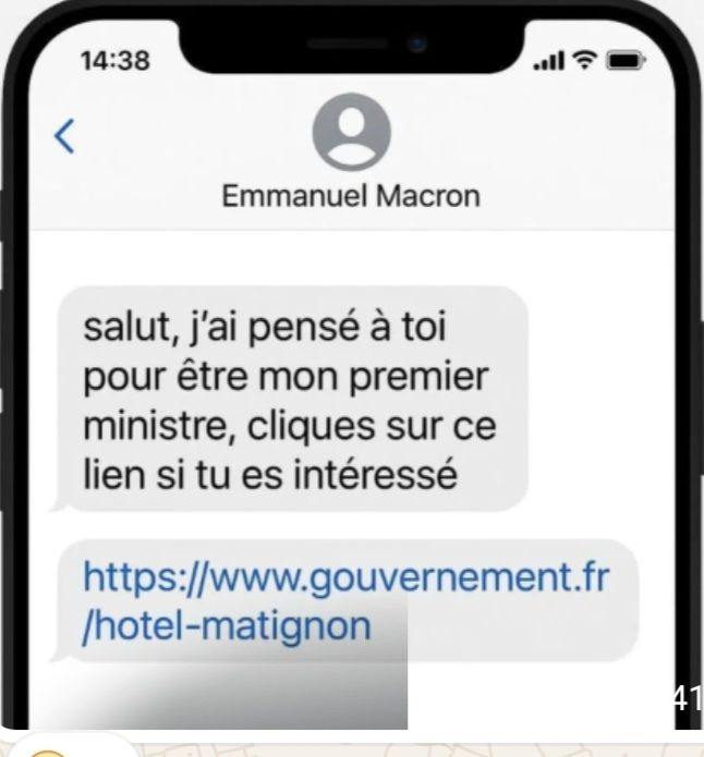 SMS de Emmanuel Macron cherchant un premier ministre. Cliquer si intéressé. 
