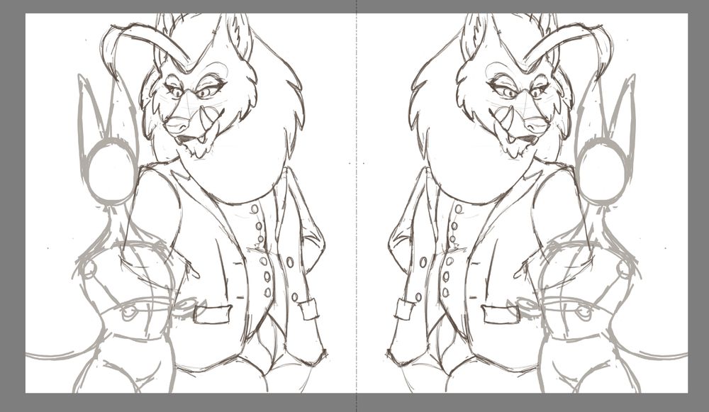 A picture of a sketch. It features the bare bones on Moonface and a sketched out Magdalene in a suit. This picture is mirrored to help me find and fix mistakes.