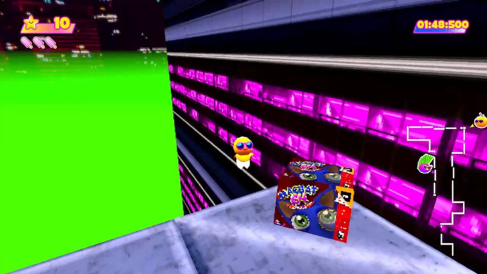 A little cartoon yellow bird wearing pink sunglasses and white shoes jumps up next to a ledge containing pile of Nintendo 64 game boxes titled “Macbat 64” and featuring a blue bat wearing a monocle.