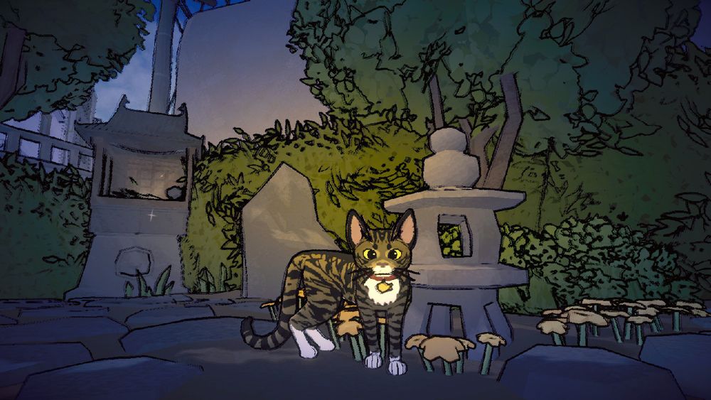A screenshot from the game “Little Kitty, Big City”. A tabby cat stands in a garden with rock ornaments and flowers. There is a water colour filter with dark black outlines applied to the picture so it looks similar to the art style of the game “Okami”.
