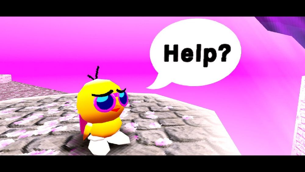 A little cartoon yellow bird wearing pink sunglasses, a pink backpack, and white shoes has a sad expression and a speech bubble containing the word “Help?”.