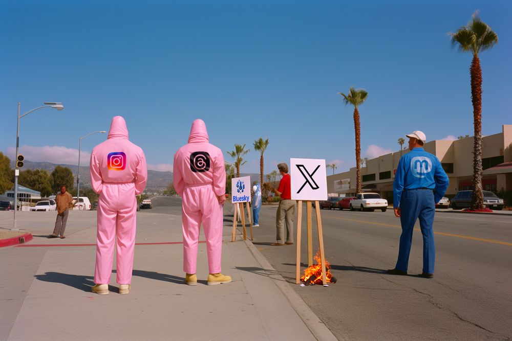 AI-generated image: amazing composition photo of 2 similar-looking men in pink and 2 others in unexpected fabric combinations stand next to each other. 4 people who symbolize the current social media. One of them burning with an x.