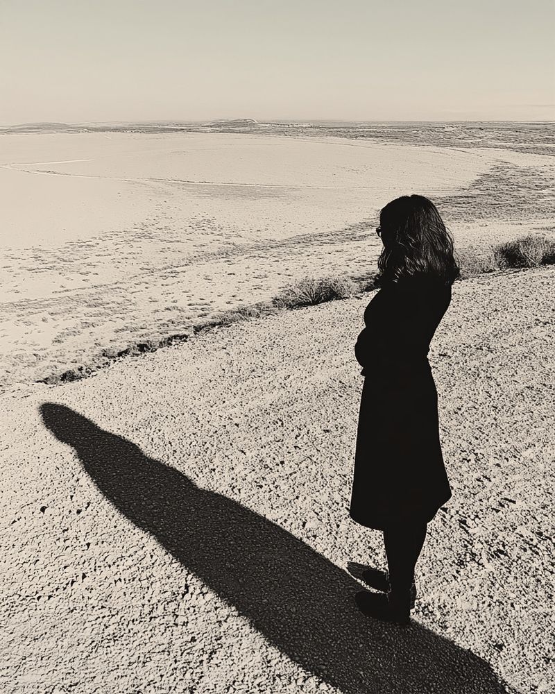 Another image shows what appears to be the shadow cast by a woman standing not alone in casual clothing. The contrast between the dark shadow and the ground is striking. The lighting suggests that the image was taken on a sunny day, creating a sharp, well-defined shadow. The composition is minimalist and artistic, focussing on the interplay of light and shadow. The image was created with the help of AI. The shadow cast by the person is incorrect and slightly out of focus.