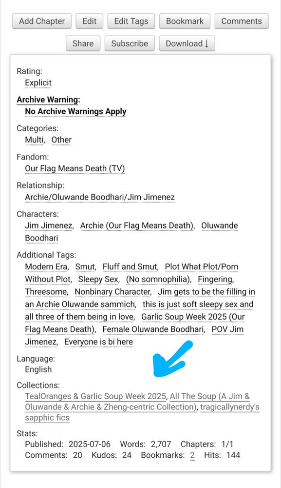 A screenshot of one of my fic's Ao3 tags, with an arrow pointing to the collections it's a part of. 
