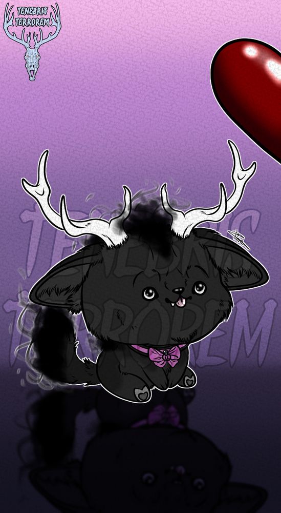 Phone wallpaper with a little heart and a chibi style little fox, shadowy creature.