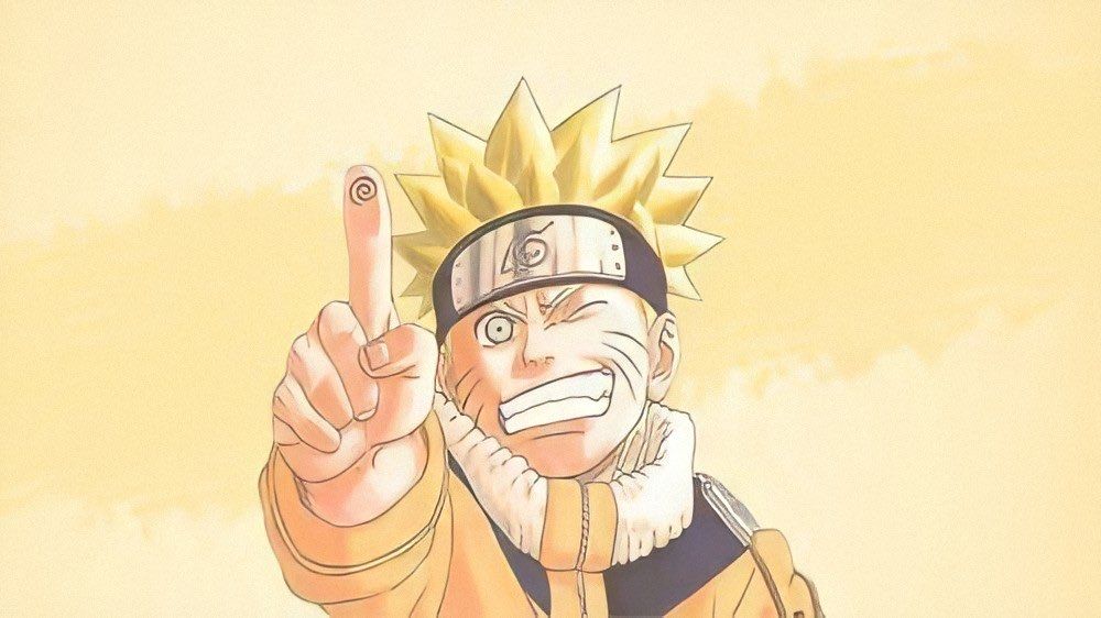 My PFP : Naruto Official Art - younger Naruto in a yellow background with a big smile and an eye close pointing up to something