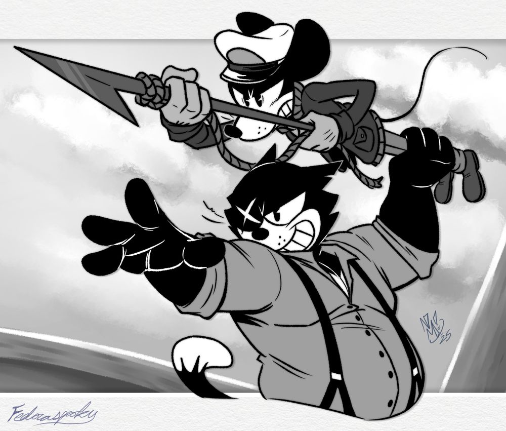 Drawing made to look like a framed animation cel, depicting Frank, a cartoon cat, grinning and getting ready to throw Sailboat Ollie, a cartoon mouse, like a spear. Ollie is glaring and gripping a harpoon in his hands. 

(both characters are based on Felix the Cat and Steamboat Willie, respectively- they were expies I made for a ttrpg)