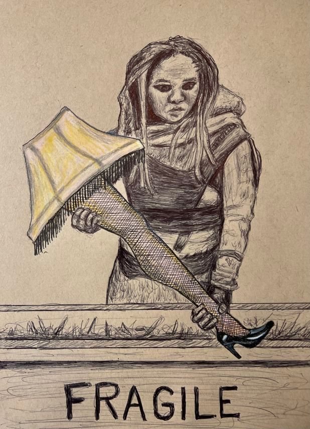 Titled "Fra-Gee-Lee...It Must Be Old Tongue". This is a pencil drawn portrait of Ayoola Smart as Aviendha from S2 The Wheel of Time holding the leg lamp from "A Christmas Story".  Underneath the picture is the word "Fragile". 