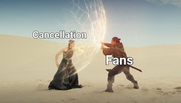 A screenshot of Lanfear holding a shield against Lan's attack with a sword.  Lanfear has been labeled "Cancellation" and Lan has been labeled "Fans".