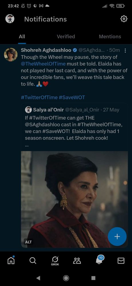 A screenshot of my Twitter notification page showing that Shohreh Aghdashloo quote tweeted a post I made on May 27th.  My original post shows a picture of Shohreh as Elaida and reads, "If #TwitterOfTime can get THE @SAghdashloo cast in #TheWheelOfTime, we can #SaveWOT! Elaida has only had 1 season onscreen. Let Shohreh cook!"

Shohreh's quote tweet reads, "Though the Wheel may pause, the story of @TheWheelOfTime must be told. Elaida has not played her last card, and with the power of our incredible fans, we'll weave this tale back to life. 🙏♥️ #TwitterOfTime #SaveWOT"