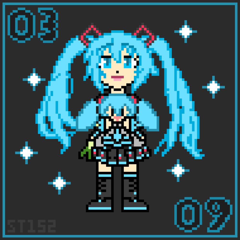 Little Miku holding a Miku plushie for Miku Day