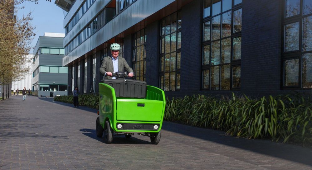 Richard Parker behind the wheel of the Stuyf pickup which is one of the low-speed electric vehicles being trialled at the University of Warwick campus.