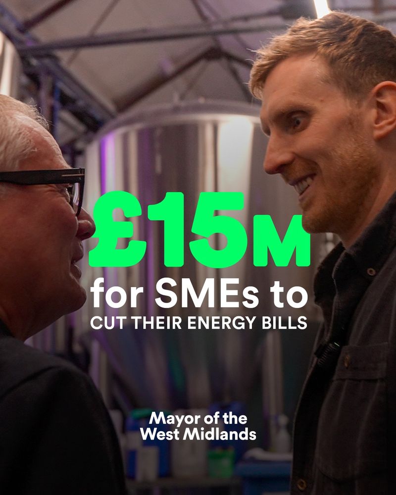 A graphic featuring two people smiling at each other in the background with text in the foreground reading: "£15m for SMEs to cut their energy bills." And a Mayor of the West Midlands logo.